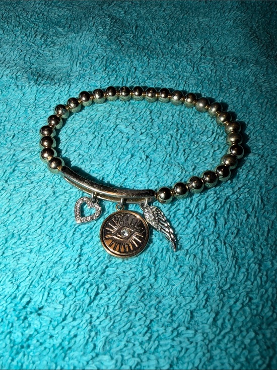 Jewelry - Gold-Tone Beaded Charm Bracelet with Heart, Wing and Eye Charms